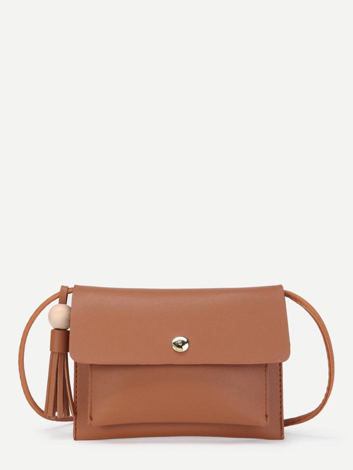 Romwe Tassel Detail Pu Flap Cross Body Bag