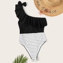 Romwe Two Tone One Shoulder One Piece Swimsuit