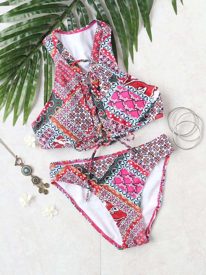 Romwe Tribal Print Lace Up Bikini Set