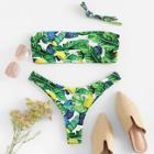 Romwe Palm Print Bandeau With High Cut Bikini Set