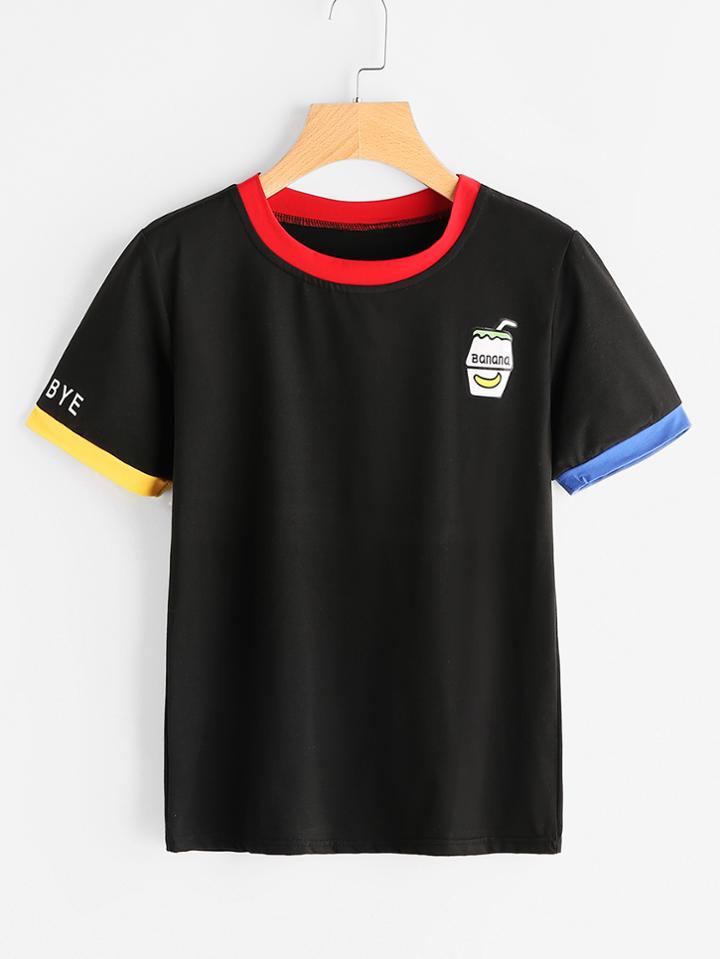 Romwe Graphic Print Contrast Ringer Tee