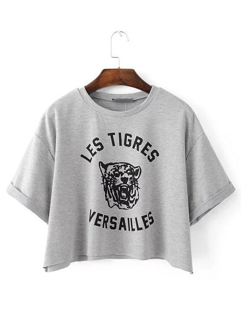 Romwe Grey Half Sleeve Roll Up Cuff Tiger Printed T-shirt