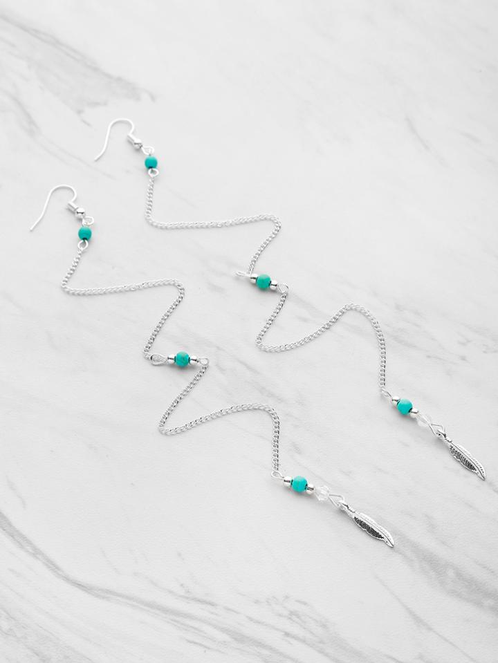 Romwe Leaf Detail Chain Drop Earrings With Gemstone