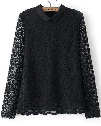 Romwe Embroidered Lace Black Blouse