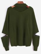 Romwe Army Green Choker Neck Sweater With Sleeve Zip Detail