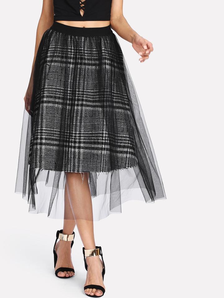 Romwe Mesh Overlay Tartan Plaid Skirt