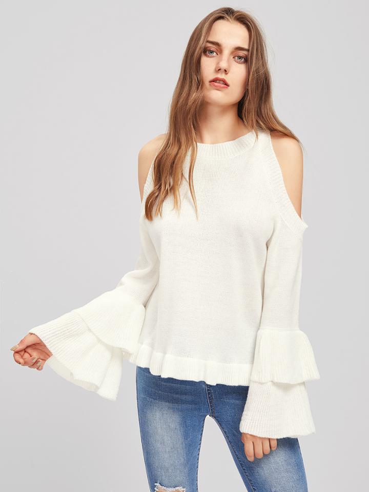 Romwe Open Shoulder Tiered Fluted Sleeve Jumper
