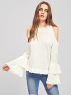 Romwe Open Shoulder Tiered Fluted Sleeve Jumper