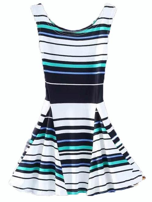 Romwe Scoop Neck Striped Skater Dress