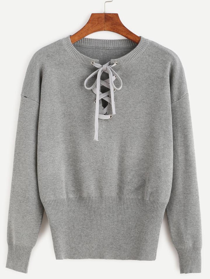 Romwe Grey Drop Shoulder Lace Up Sweater