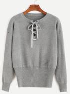 Romwe Grey Drop Shoulder Lace Up Sweater