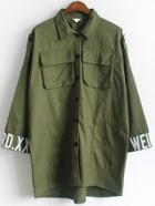 Romwe Lapel With Pockets Dip Hem Letter Print Army Green Coat