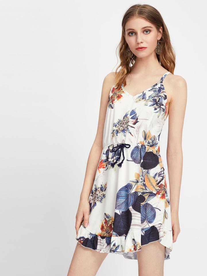 Romwe Palm Leaf Frill Hem Elastic Waist Cami Dress