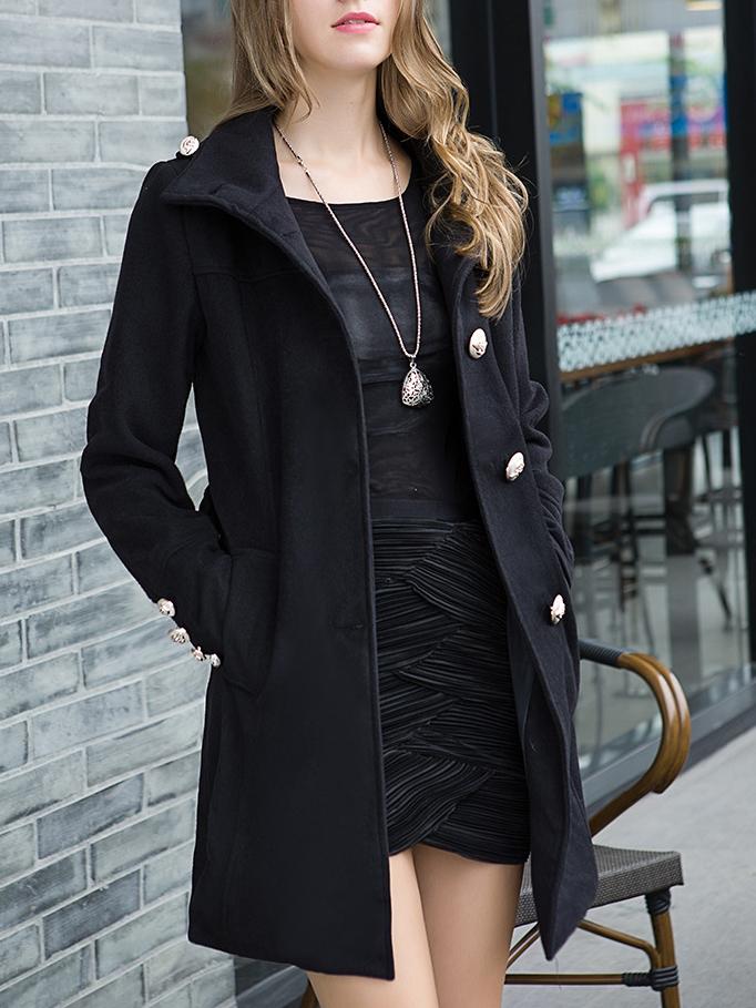 Romwe Lapel Buttons Pockets Long Black Coat