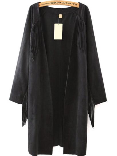 Romwe Long Sleeve Tassel Suede Black Coat