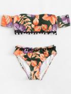 Romwe Pompom Embellished Floral Bikini Set