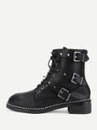 Romwe Three Buckle Side Lace Up Ankle Boots