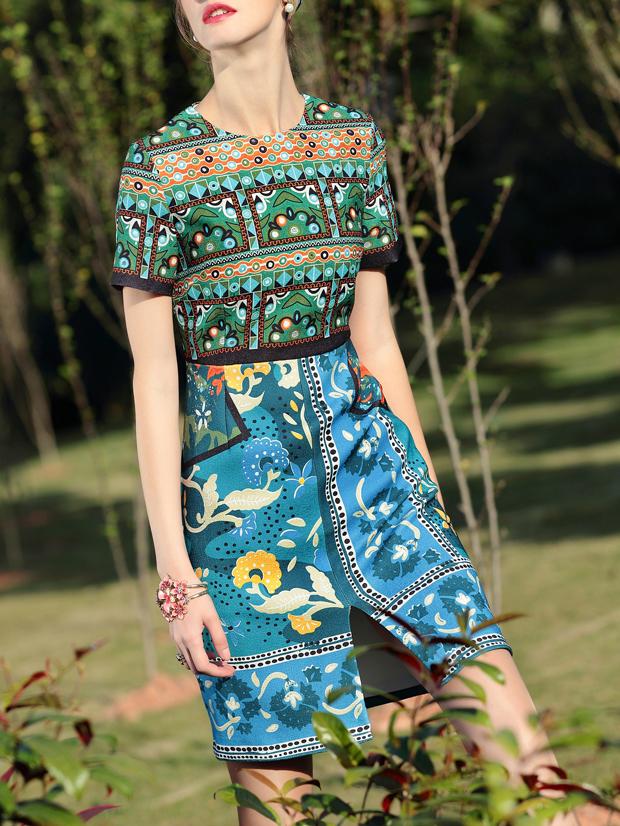 Romwe Multicolor Tribal Print Split Shift Dress