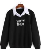 Romwe Contrast Collar Letters Print Black Sweatshirt