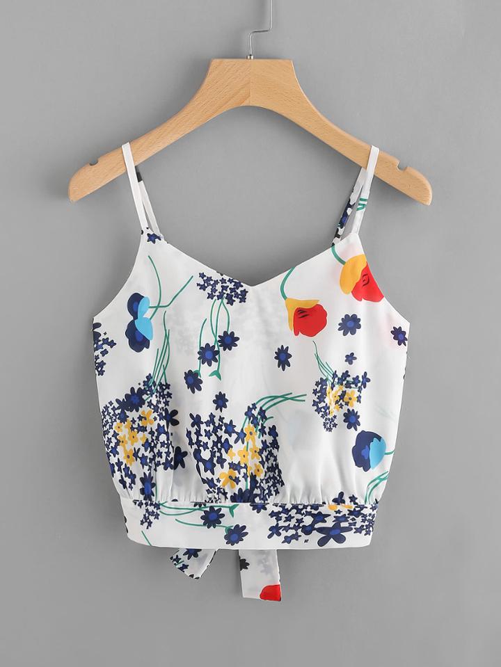 Romwe Floral Split Bow Tie Back Crop Cami Top