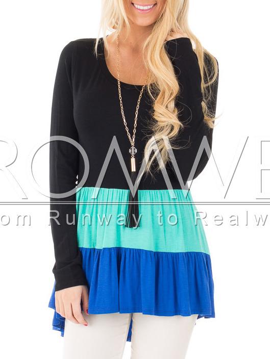 Romwe Black Green Blue Ruffle Color Block Hems High Low Blouse