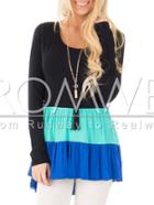 Romwe Black Green Blue Ruffle Color Block Hems High Low Blouse