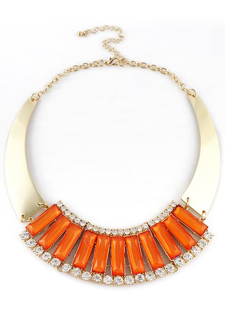 Romwe Orange Gemstone Gold Crystal Collar Necklace