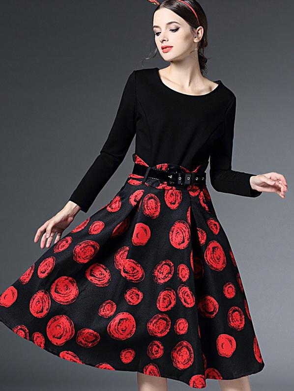 Romwe Black Round Neck Long Sleeve Print Drawstring Dress