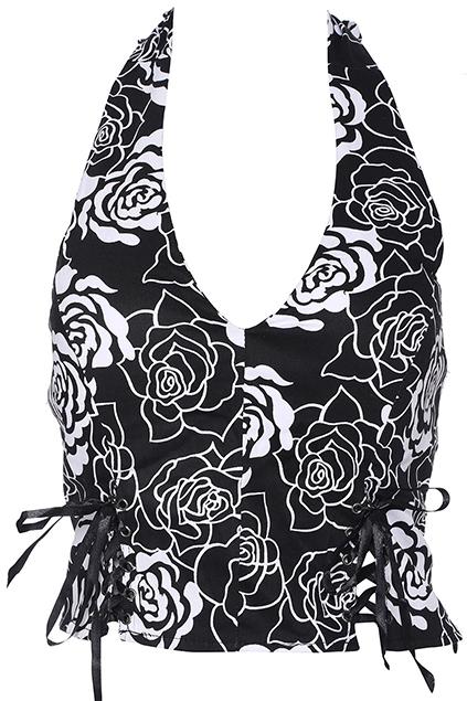 Romwe Rose Print Crop Black Halter Bandeau