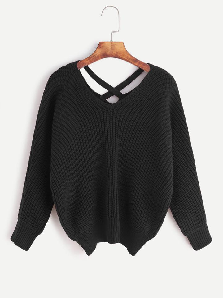 Romwe Black Double V Neck Criss Cross Back Sweater