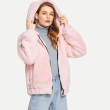 Romwe Pocket Front Faux Fur Zip Up Hoodie Coat