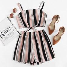 Romwe Knot Back Striped Cami Top With Shorts
