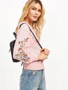 Romwe Pink Letter And Floral Embroidered Sweatshirt