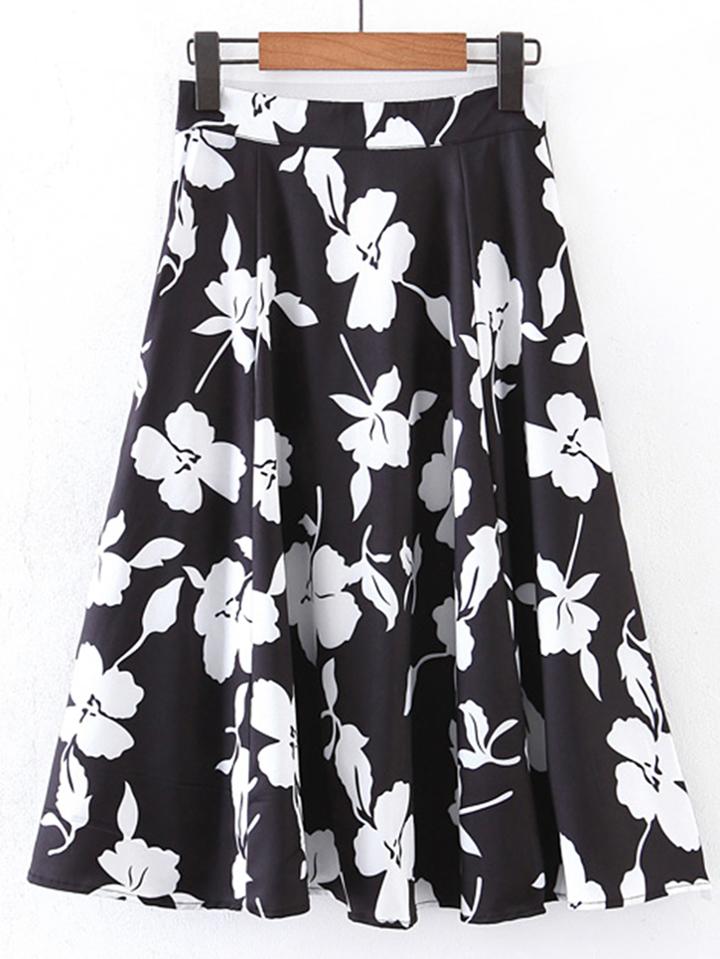Romwe Floral Print A Line Skirt