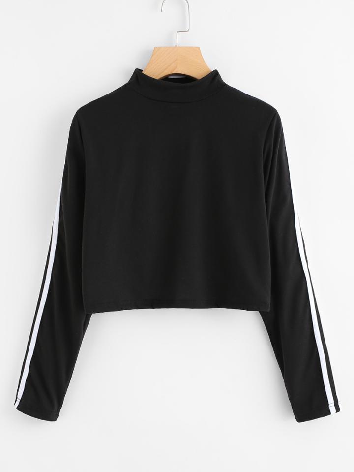 Romwe Stand Neck Striped Tape Sleeve Crop Tee