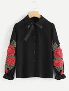Romwe Ribbon Tie Neck Embroidered Applique Shirt