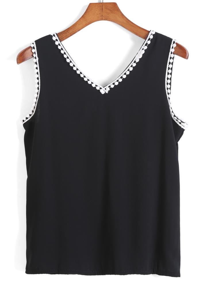 Romwe V Neck Crochet Detail Black Tank Top