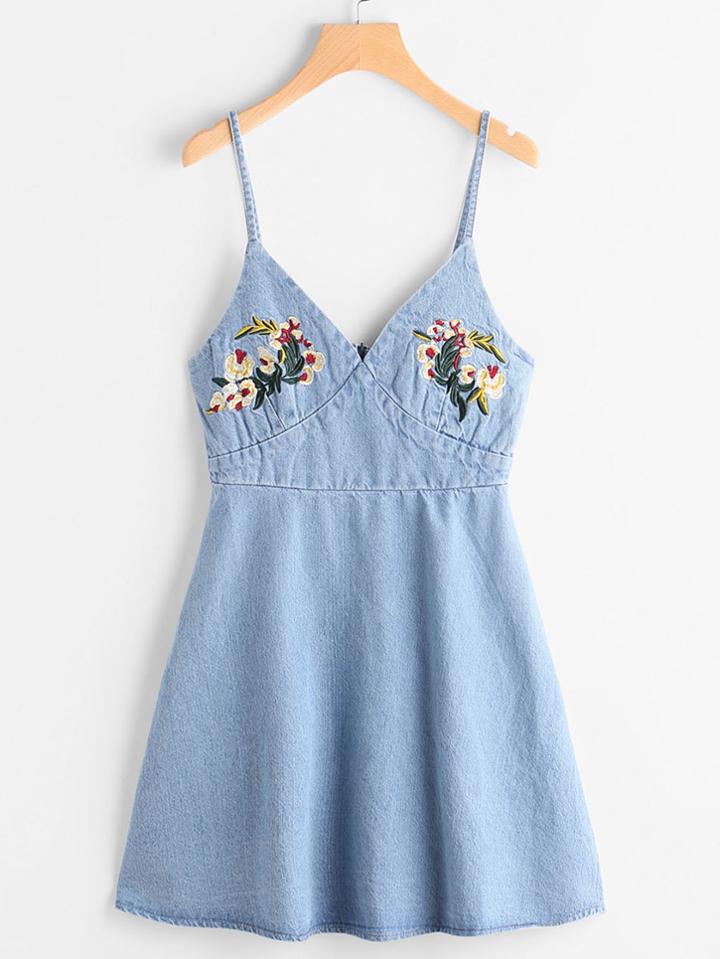Romwe Embroidered Cami Denim Dress