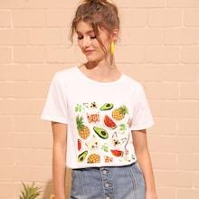 Romwe Animal And Fruit Print Tee