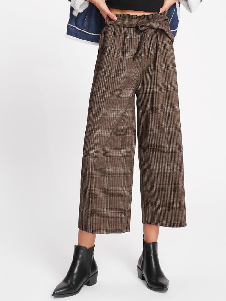 Romwe Glen Plaid Frill Trim Wide Leg Pants