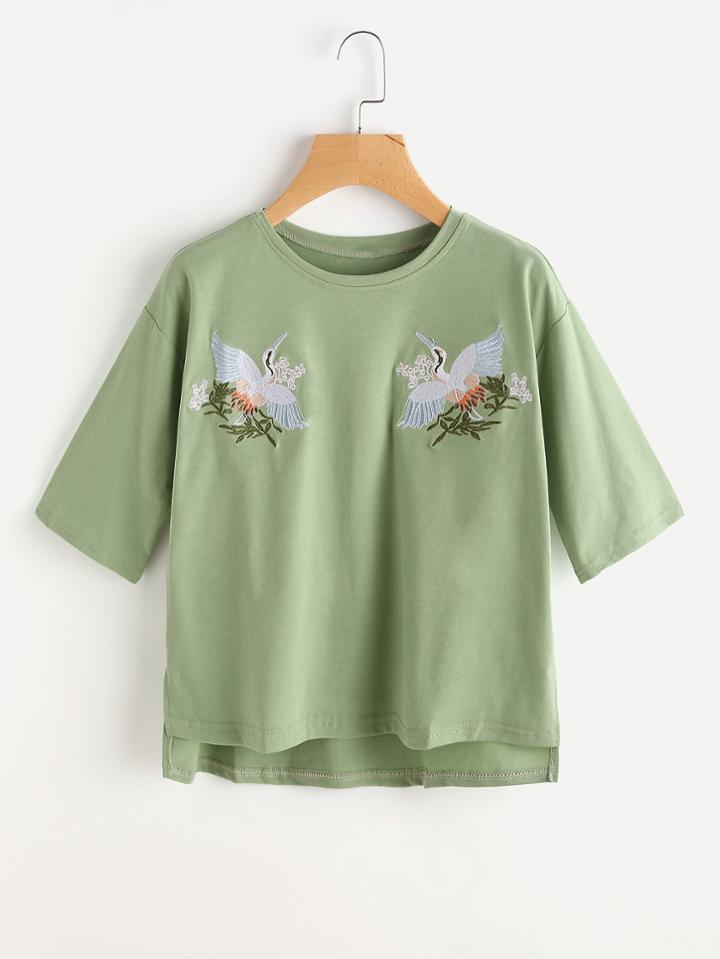 Romwe Cranes Embroidered Dip Hem Dropped Shoulder Tee