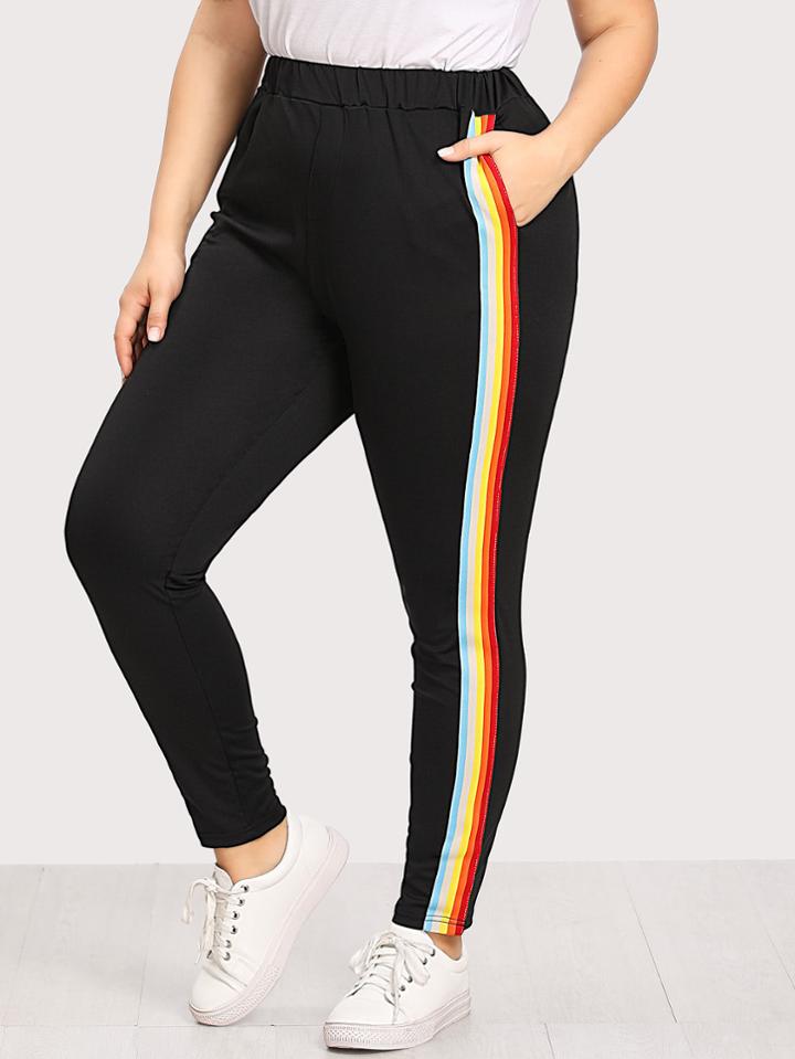 Romwe Rainbow Stripe Tape Side Pants