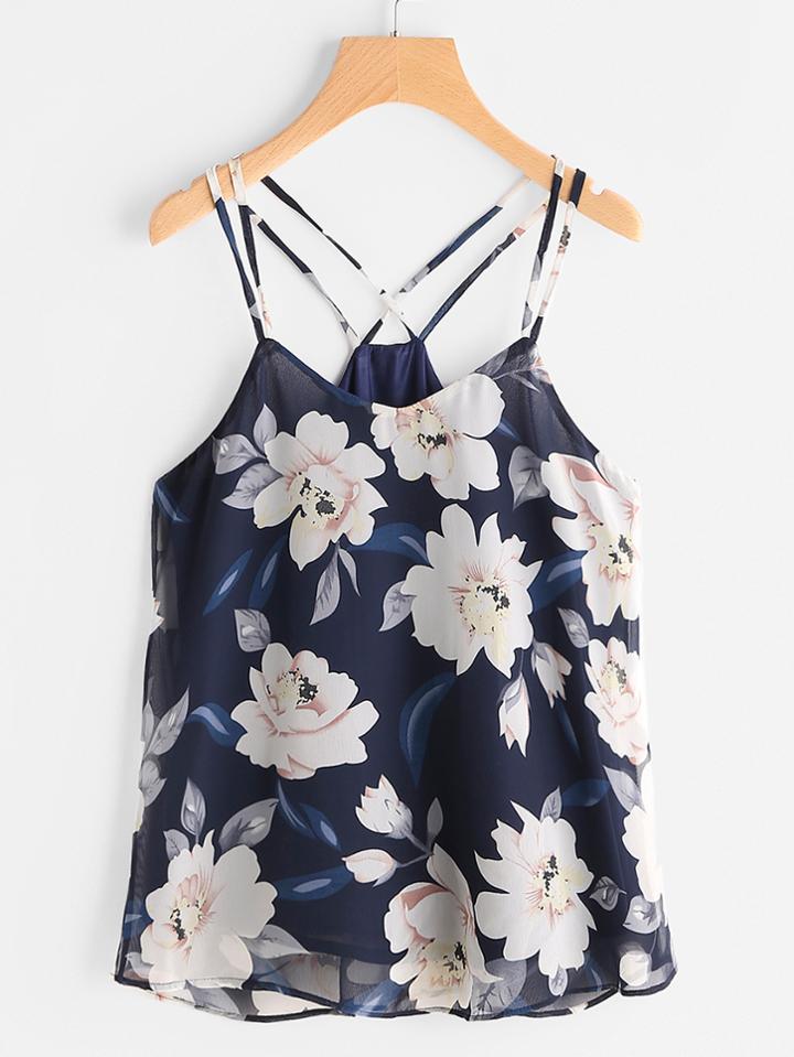 Romwe Floral Print Criss Cross Back Cami Top
