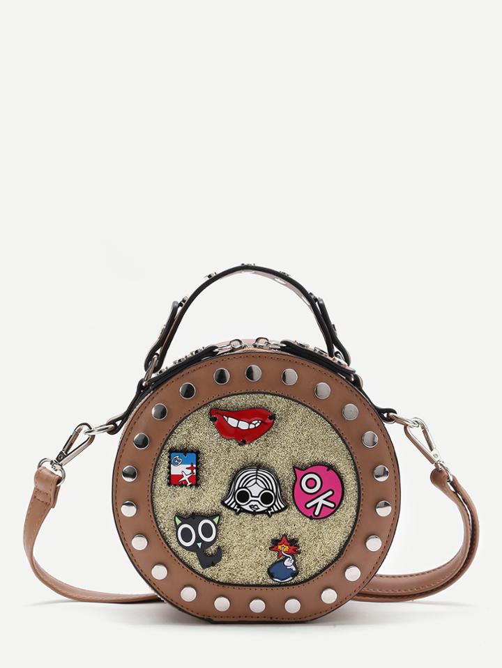Romwe Brown Studded Trim Patch Detail Crossbody Bag