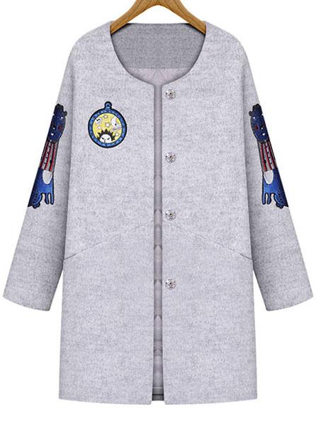 Romwe Round Neck Single Breasted Cartoon Patch Grey Coat