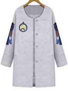 Romwe Round Neck Single Breasted Cartoon Patch Grey Coat