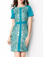 Romwe Blue Round Neck Short Sleeve Embroidered Bodycon Dress