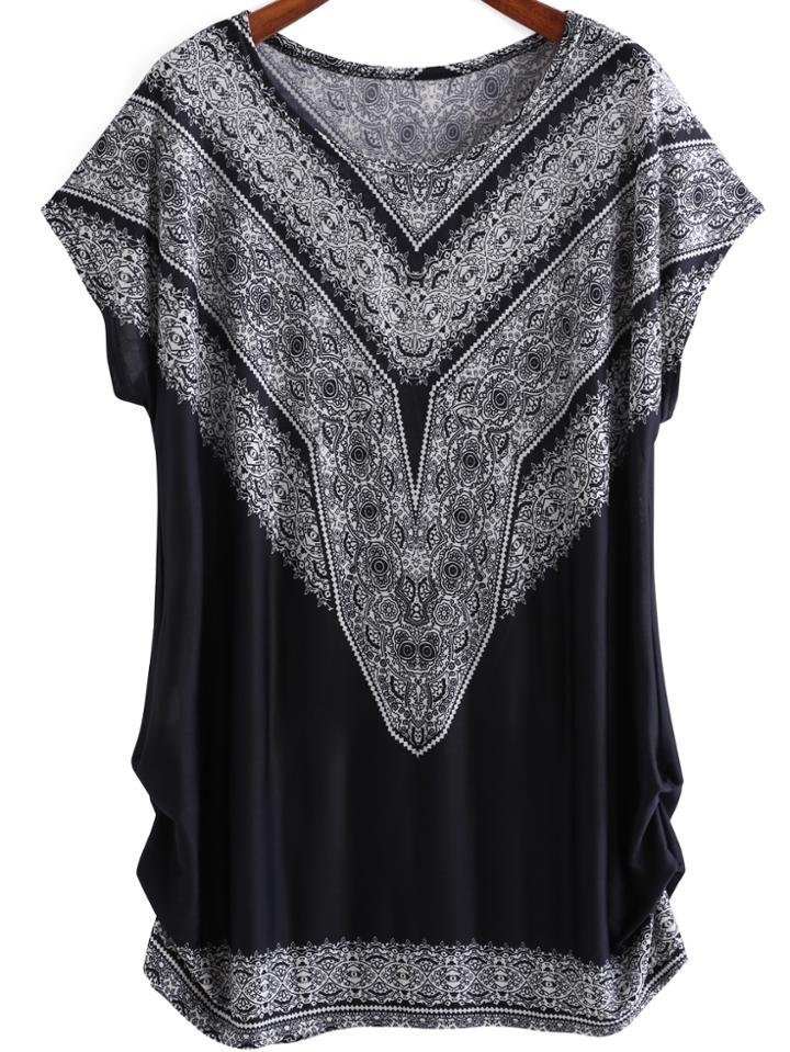 Romwe Black Round Neck Floral Loose Dress
