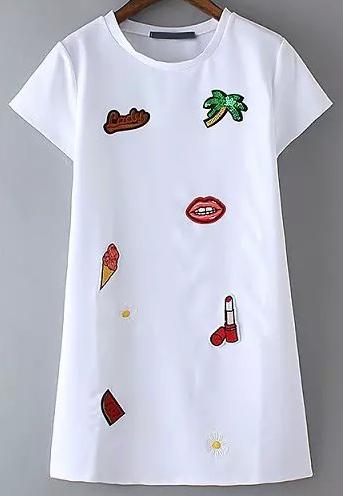 Romwe White Short Sleeve Sequined Embroidered Dress
