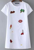 Romwe White Short Sleeve Sequined Embroidered Dress